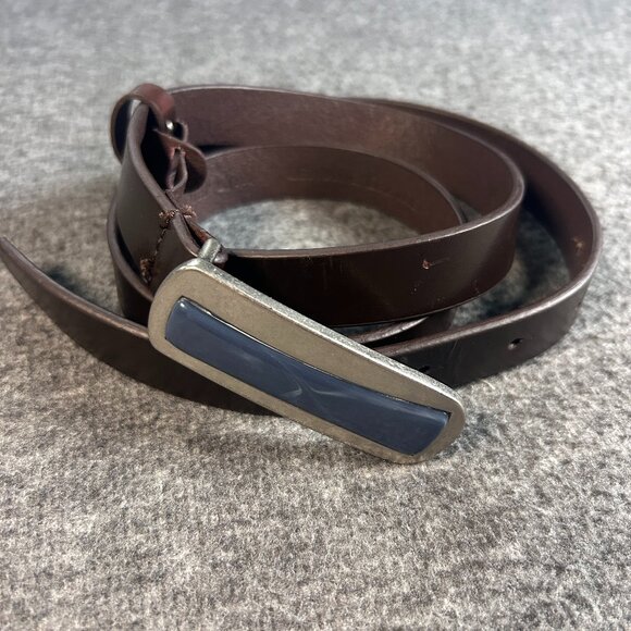 Coldwater Creek Slim Brown Genuine Leather Belt Blue Clip Buckle Women's Size L - Picture 1 of 11
